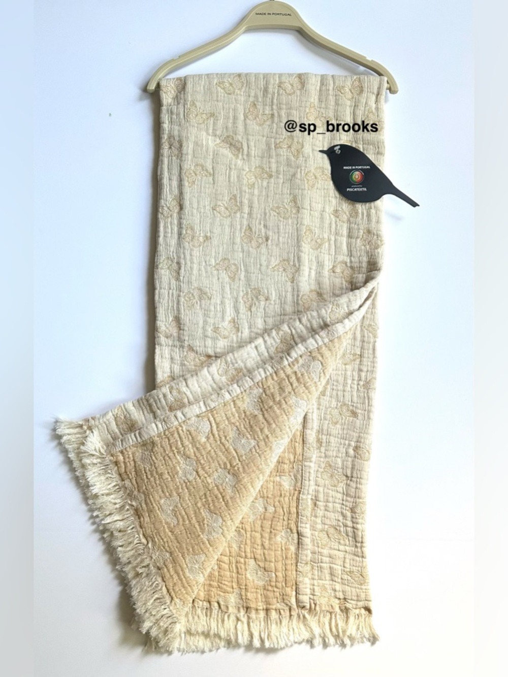 🎁Piscatextil Butterflies Cotton Throw Blanket 50x70 Ecru Yellow Made in Portugal